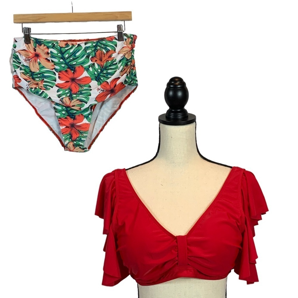 Nafleap High Waisted Bikini Floral Bottoms and Red Ruffle Top - XL